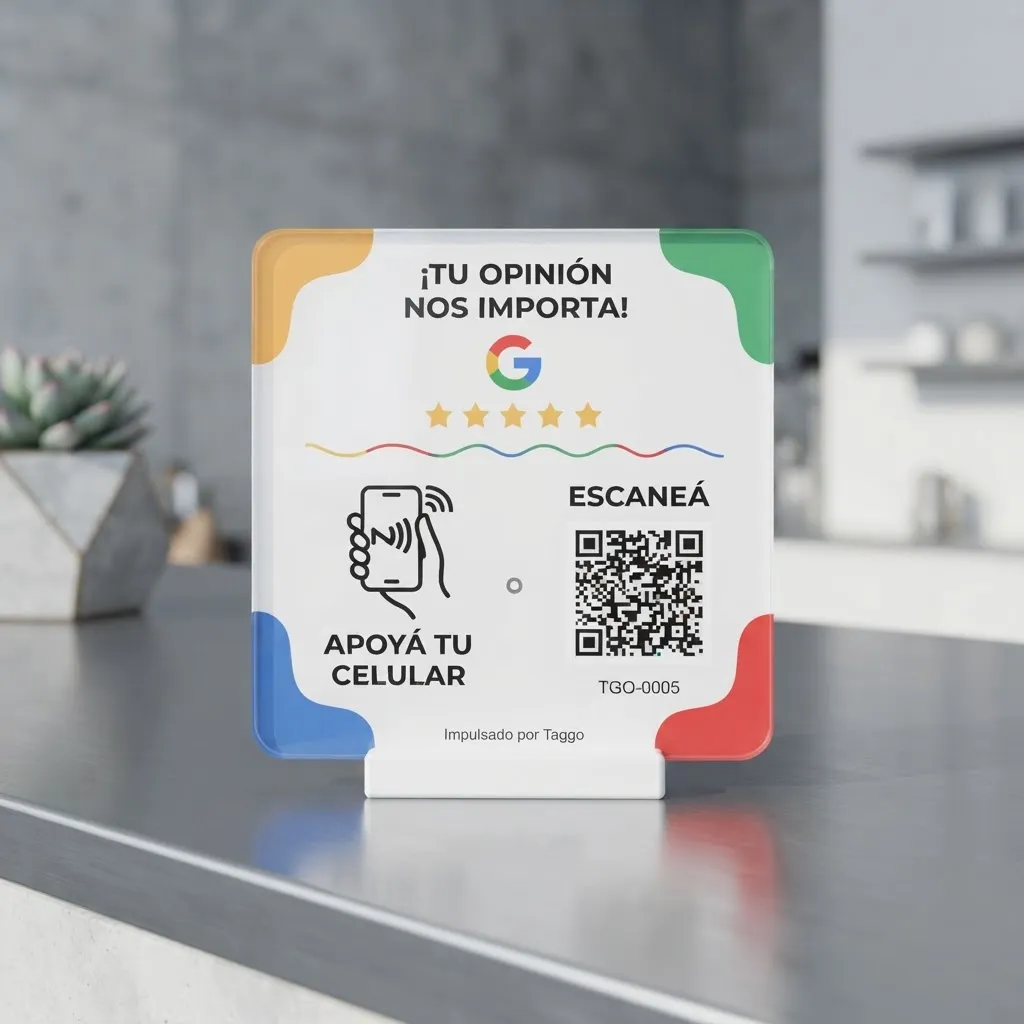 Placa Taggo para reseñas de Google con soporte